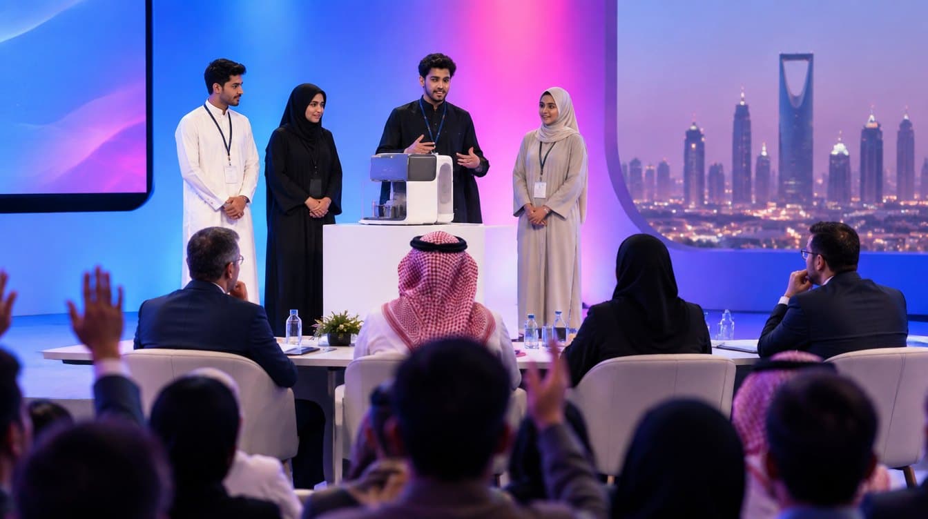 فريق طلابي يعرض نموذجه الأولي على مسرح يوم العرض في الرياض